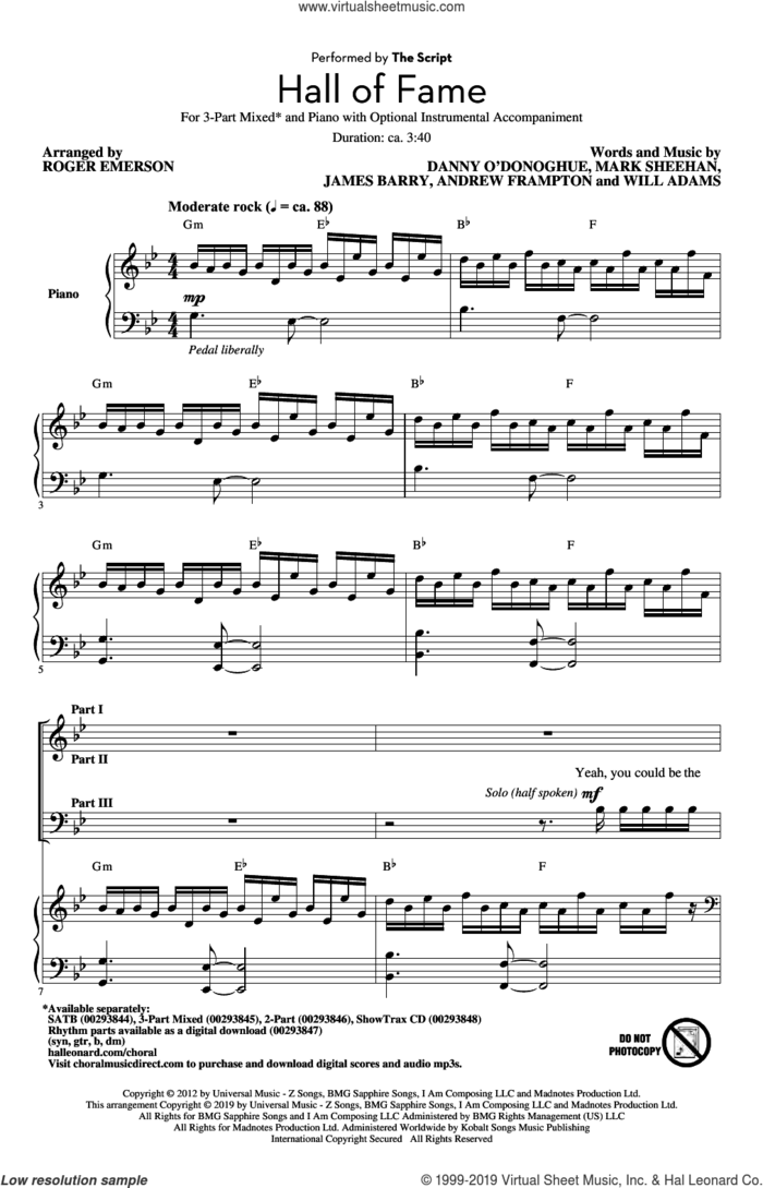 Hall Of Fame (feat. Will.I.Am) (arr. Roger Emerson) sheet music for choir (3-Part Mixed) by The Script, Roger Emerson, The Script feat. will.i.am, Andrew Frampton, James Barry, Mark Sheehan and Will Adams, intermediate skill level