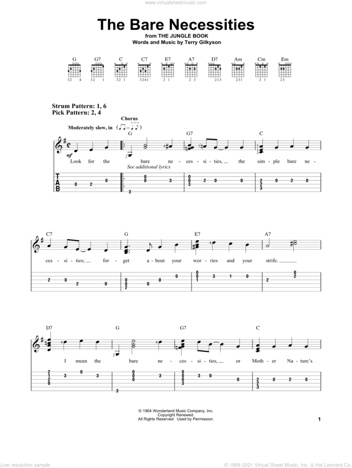 The Bare Necessities (from The Jungle Book) sheet music for guitar solo (easy tablature) by Terry Gilkyson, easy guitar (easy tablature)