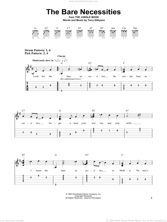 The Bare Necessities (from The Jungle Book) sheet music for guitar solo (easy tablature) by Terry Gilkyson, easy guitar (easy tablature)