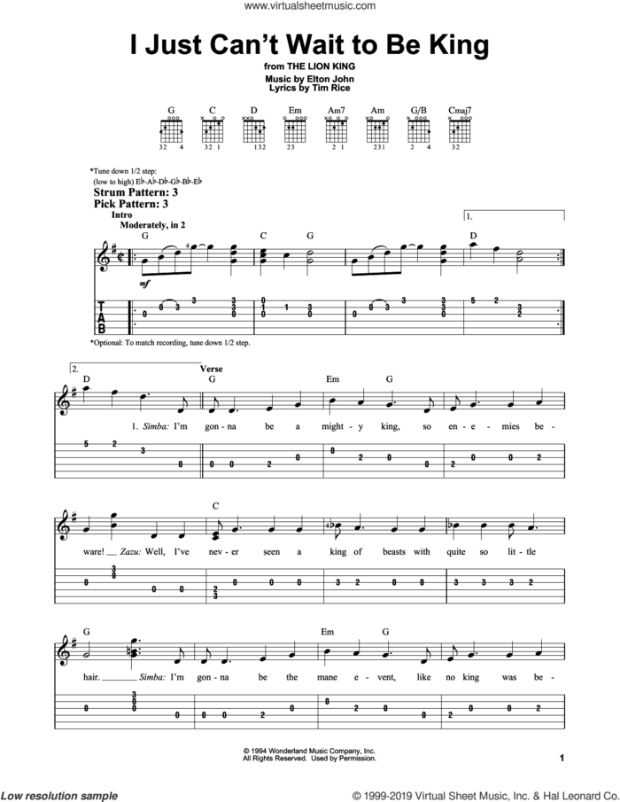 I Just Can't Wait To Be King (from The Lion King) sheet music for guitar solo (easy tablature) by Elton John and Tim Rice, easy guitar (easy tablature)