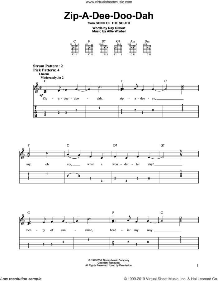 Zip-A-Dee-Doo-Dah (from Song Of The South) sheet music for guitar solo (easy tablature) by Ray Gilbert and Allie Wrubel, easy guitar (easy tablature)