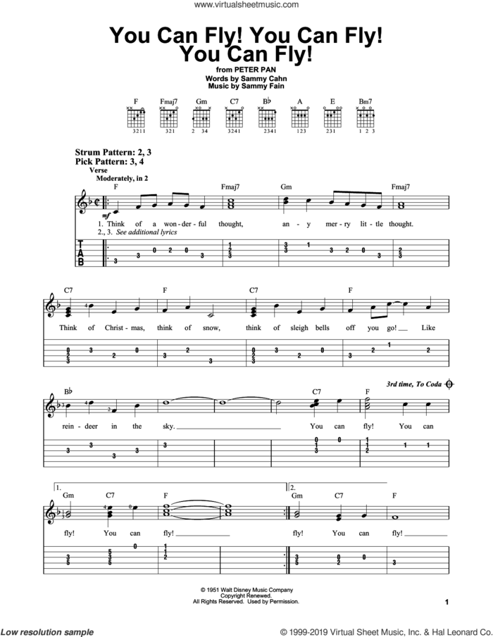 You Can Fly! You Can Fly! You Can Fly! (from Peter Pan) sheet music for guitar solo (easy tablature) by Sammy Cahn and Sammy Fain, easy guitar (easy tablature)