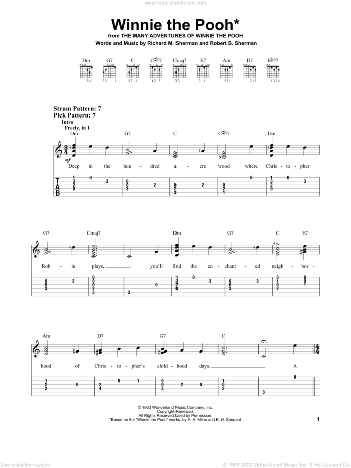Winnie The Pooh (from The Many Adventures Of Winnie The Pooh) sheet music for guitar solo (easy tablature) by Richard M. Sherman, Richard & Robert Sherman, Robert B. Sherman and Sherman Brothers, easy guitar (easy tablature)