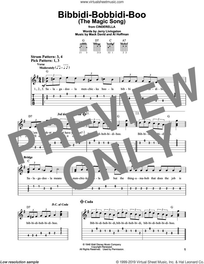 Bibbidi-Bobbidi-Boo (The Magic Song) (from Cinderella) sheet music for guitar solo (easy tablature) by Verna Felton, Al Hoffman, Jerry Livingston and Mack David, easy guitar (easy tablature)