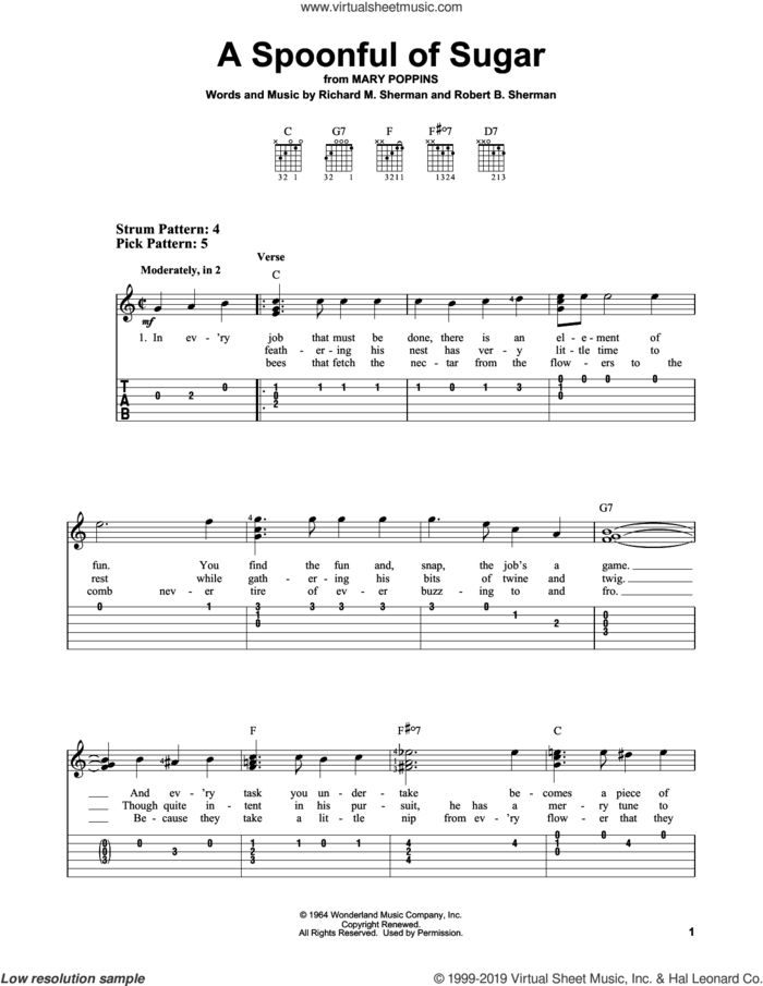 A Spoonful Of Sugar (from Mary Poppins) sheet music for guitar solo (easy tablature) by Richard M. Sherman, Richard & Robert Sherman, Robert B. Sherman and Sherman Brothers, easy guitar (easy tablature)