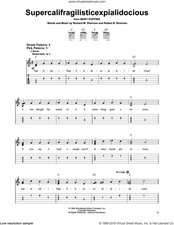 Supercalifragilisticexpialidocious (from Mary Poppins) sheet music for guitar solo (easy tablature) by Richard M. Sherman, Richard & Robert Sherman and Robert B. Sherman, easy guitar (easy tablature)