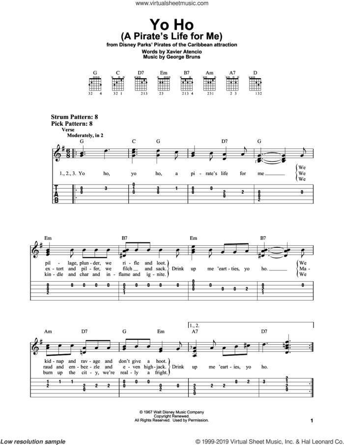 Yo Ho (A Pirate's Life For Me) sheet music for guitar solo (easy tablature) by Xavier Atencio and George Bruns, easy guitar (easy tablature)