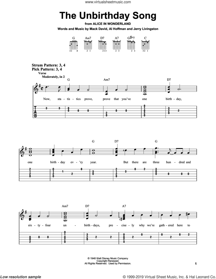 The Unbirthday Song (from Alice In Wonderland) sheet music for guitar solo (easy tablature) by Mack David, Al Hoffman and Jerry Livingston, Al Hoffman, Jerry Livingston and Mack David, easy guitar (easy tablature)