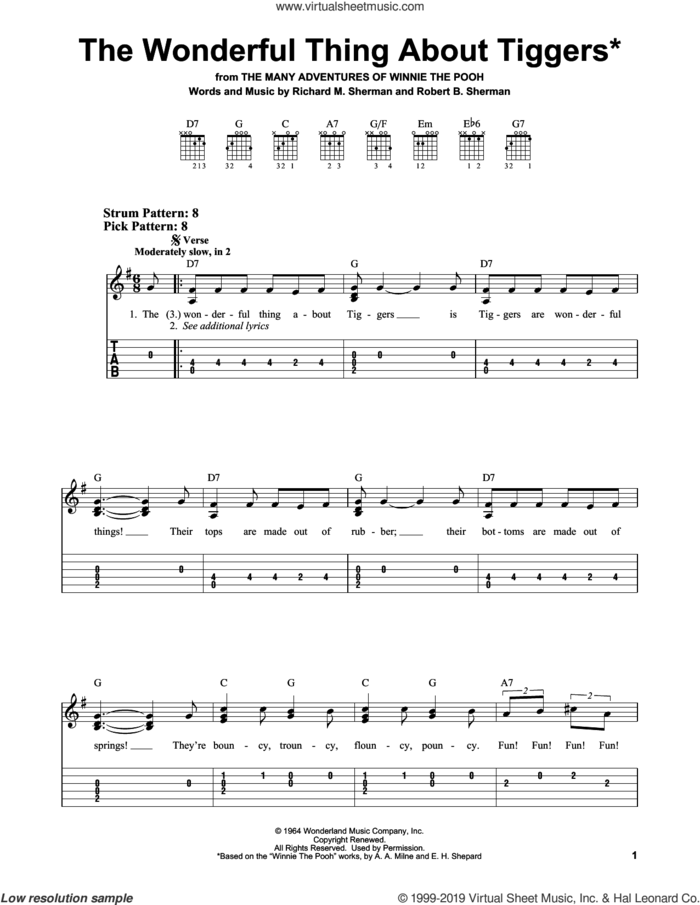 The Wonderful Thing About Tiggers* sheet music for guitar solo (easy tablature) by Richard M. Sherman, Richard & Robert Sherman and Robert B. Sherman, easy guitar (easy tablature)