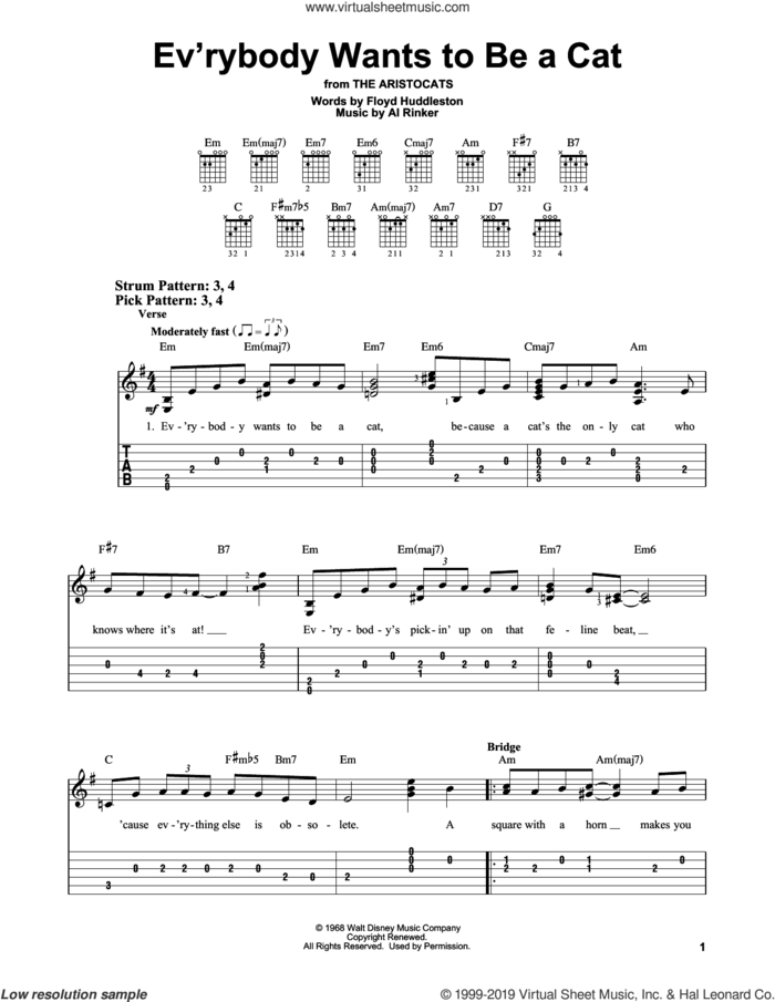 Ev'rybody Wants To Be A Cat sheet music for guitar solo (easy tablature) by Floyd Huddleston and Al Rinker, easy guitar (easy tablature)
