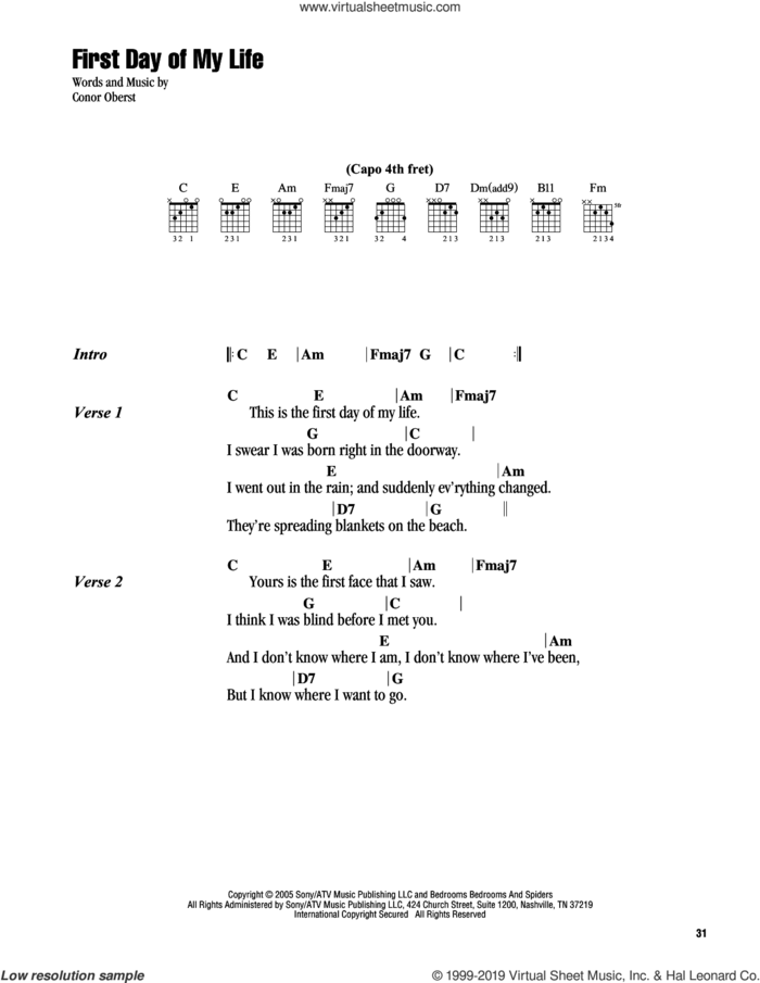 First Day Of My Life sheet music for guitar (chords) by Bright Eyes and Conor Oberst, wedding score, intermediate skill level