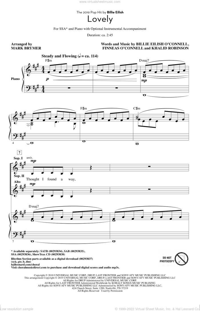 Lovely (from 13 Reasons Why) (arr. Mark Brymer) sheet music for choir (SSA: soprano, alto) by Billie Eilish & Khalid, Mark Brymer, Billie Eilish and Khalid Robinson, intermediate skill level