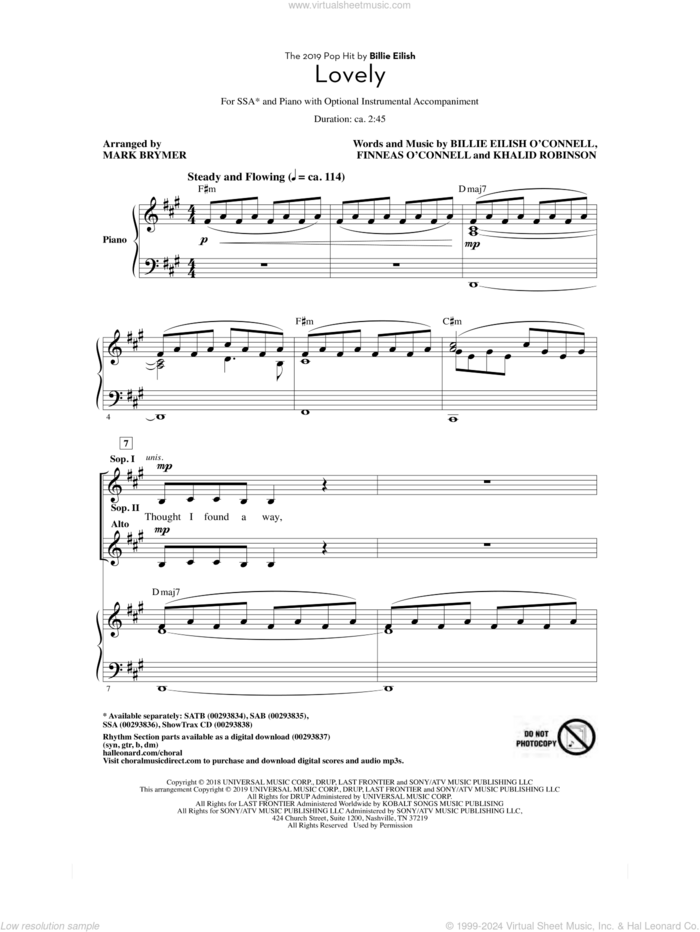 Lovely (from 13 Reasons Why) (arr. Mark Brymer) sheet music for choir (SSA: soprano, alto) by Billie Eilish & Khalid, Mark Brymer, Billie Eilish and Khalid Robinson, intermediate skill level