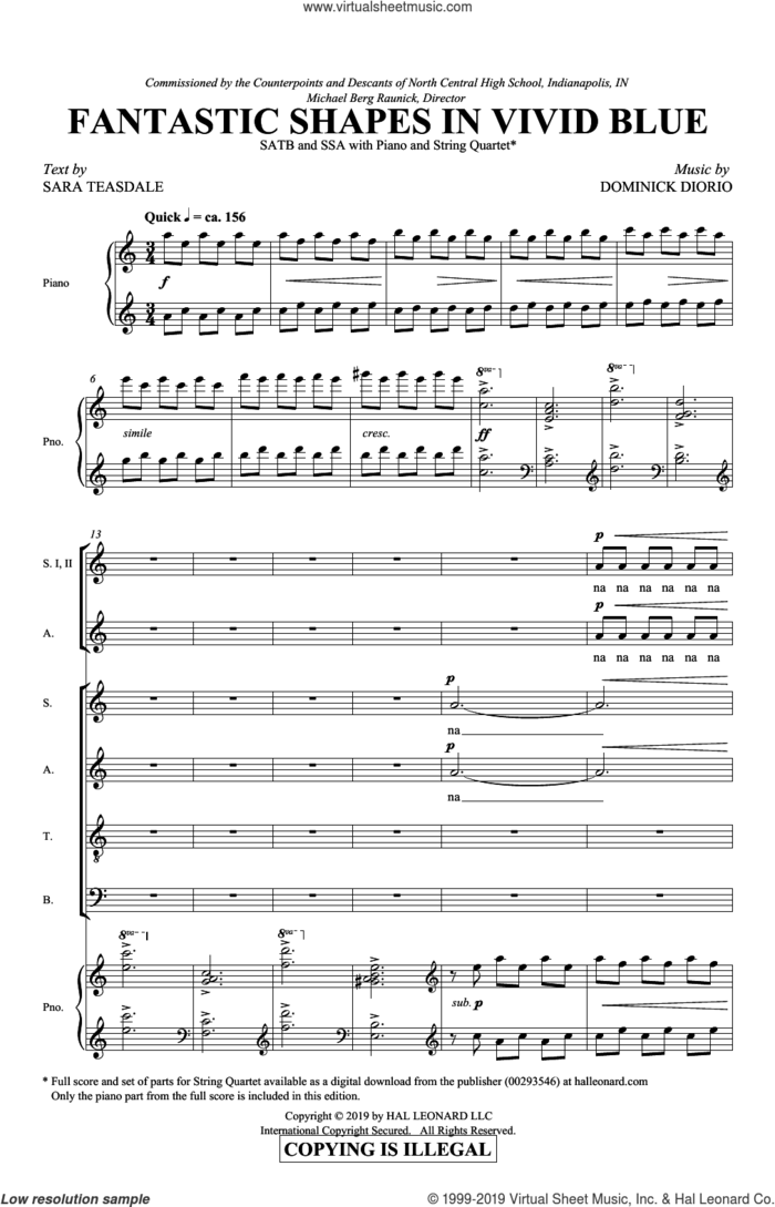 Fantastic Shapes In Vivid Blue sheet music for choir (SATB: soprano, alto, tenor, bass) by Dominick DiOrio and Sara Teasdale, intermediate skill level