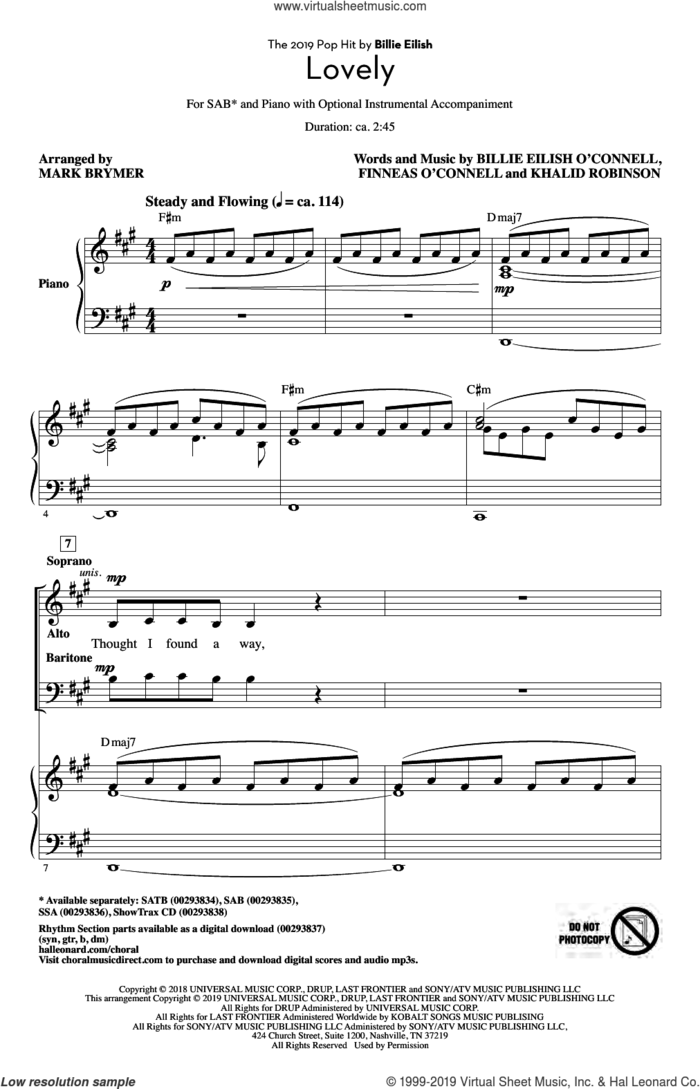 Lovely (from 13 Reasons Why) (arr. Mark Brymer) sheet music for choir (SAB: soprano, alto, bass) by Billie Eilish & Khalid, Mark Brymer, Billie Eilish and Khalid Robinson, intermediate skill level