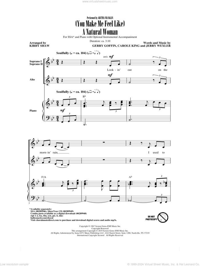 (You Make Me Feel Like) A Natural Woman (arr. Kirby Shaw) sheet music for choir (SSA: soprano, alto) by Carole King, Kirby Shaw, Aretha Franklin, Celine Dion, Mary J. Blige, Gerry Goffin and Jerry Wexler, intermediate skill level