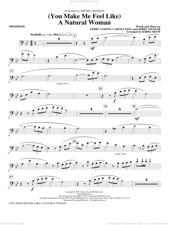 (You Make Me Feel Like) A Natural Woman (arr. Kirby Shaw) sheet music for orchestra/band (trombone) by Carole King, Aretha Franklin, Celine Dion, Mary J. Blige, Gerry Goffin and Jerry Wexler, intermediate skill level