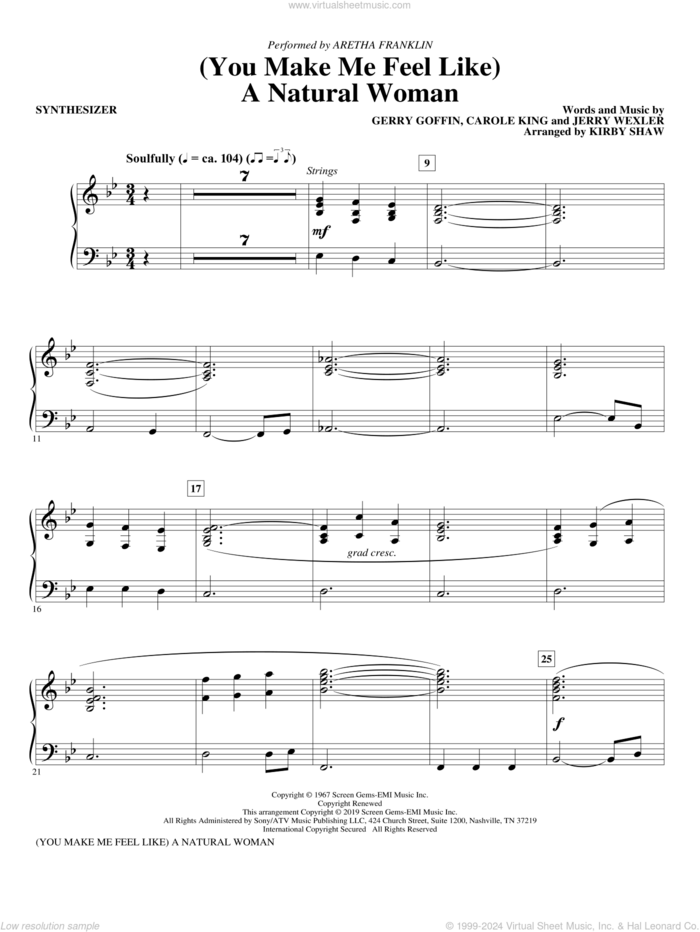 (You Make Me Feel Like) A Natural Woman (arr. Kirby Shaw) sheet music for orchestra/band (synthesizer) by Carole King, Aretha Franklin, Celine Dion, Mary J. Blige, Gerry Goffin and Jerry Wexler, intermediate skill level