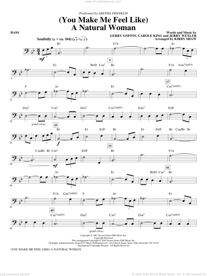 (You Make Me Feel Like) A Natural Woman (arr. Kirby Shaw) sheet music for orchestra/band (bass) by Carole King, Aretha Franklin, Celine Dion, Mary J. Blige, Gerry Goffin and Jerry Wexler, intermediate skill level