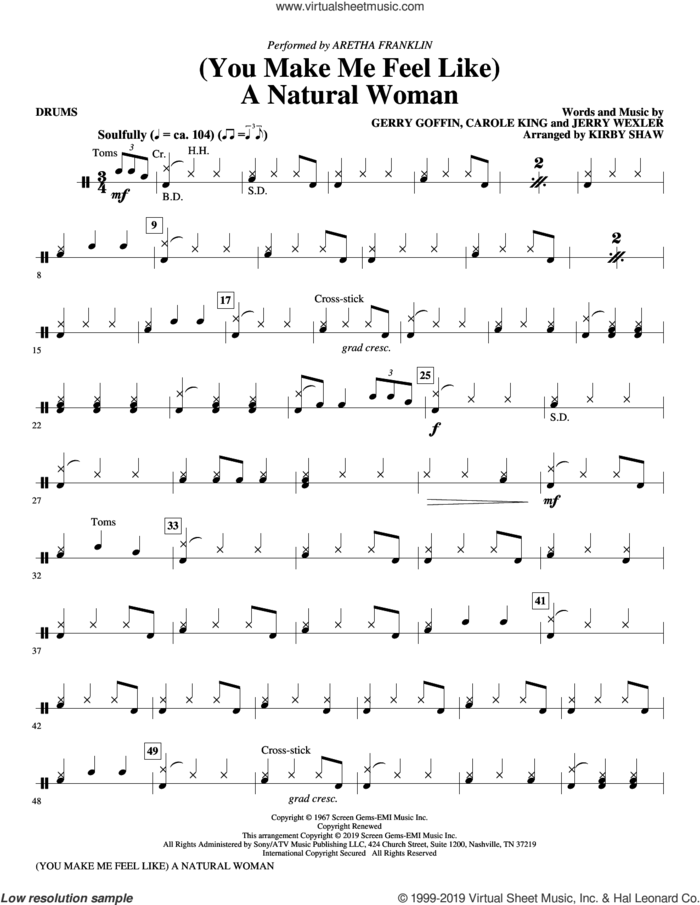 (You Make Me Feel Like) A Natural Woman (arr. Kirby Shaw) sheet music for orchestra/band (drums) by Carole King, Aretha Franklin, Celine Dion, Mary J. Blige, Gerry Goffin and Jerry Wexler, intermediate skill level