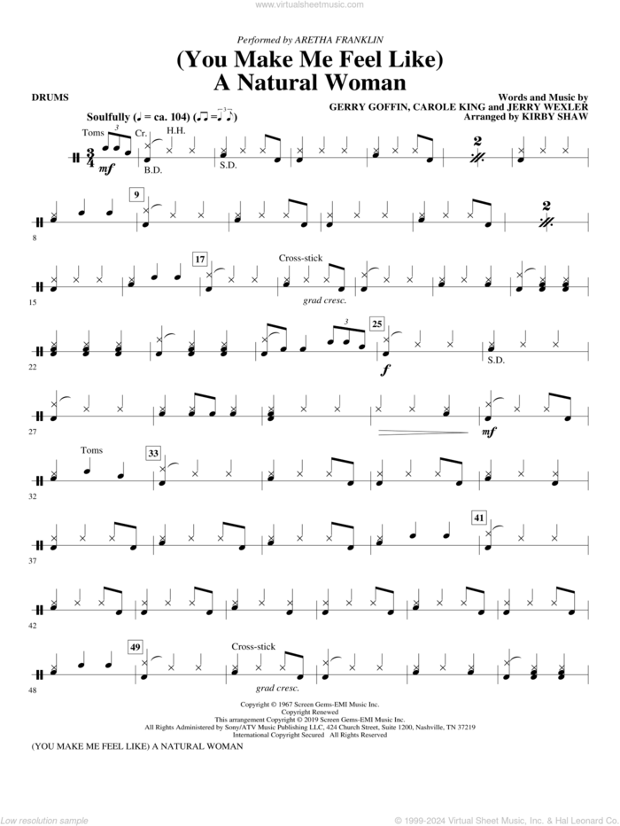 (You Make Me Feel Like) A Natural Woman (arr. Kirby Shaw) sheet music for orchestra/band (drums) by Carole King, Aretha Franklin, Celine Dion, Mary J. Blige, Gerry Goffin and Jerry Wexler, intermediate skill level