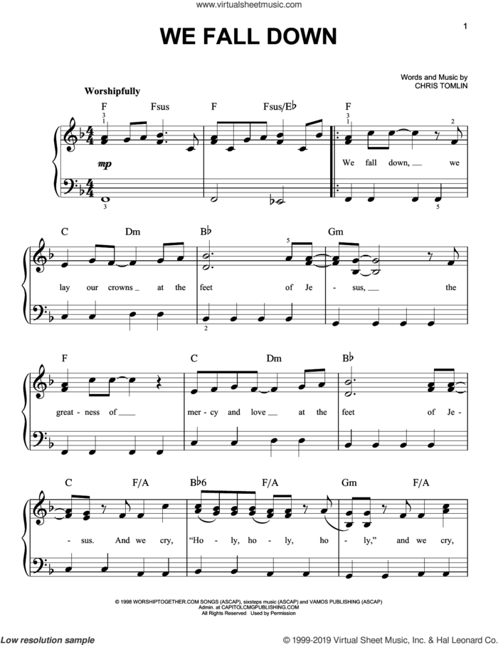 We Fall Down, (beginner) sheet music for piano solo by Chris Tomlin, Kutless and Passion, beginner skill level
