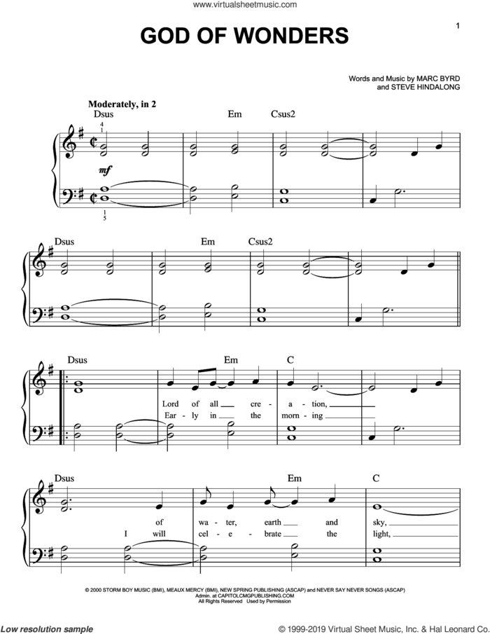 God Of Wonders sheet music for piano solo by Rebecca St. James, Third Day, Marc Byrd and Steve Hindalong, beginner skill level