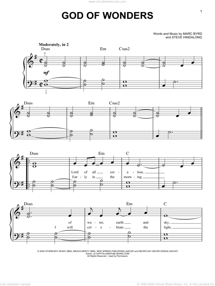 God Of Wonders sheet music for piano solo by Rebecca St. James, Third Day, Marc Byrd and Steve Hindalong, beginner skill level