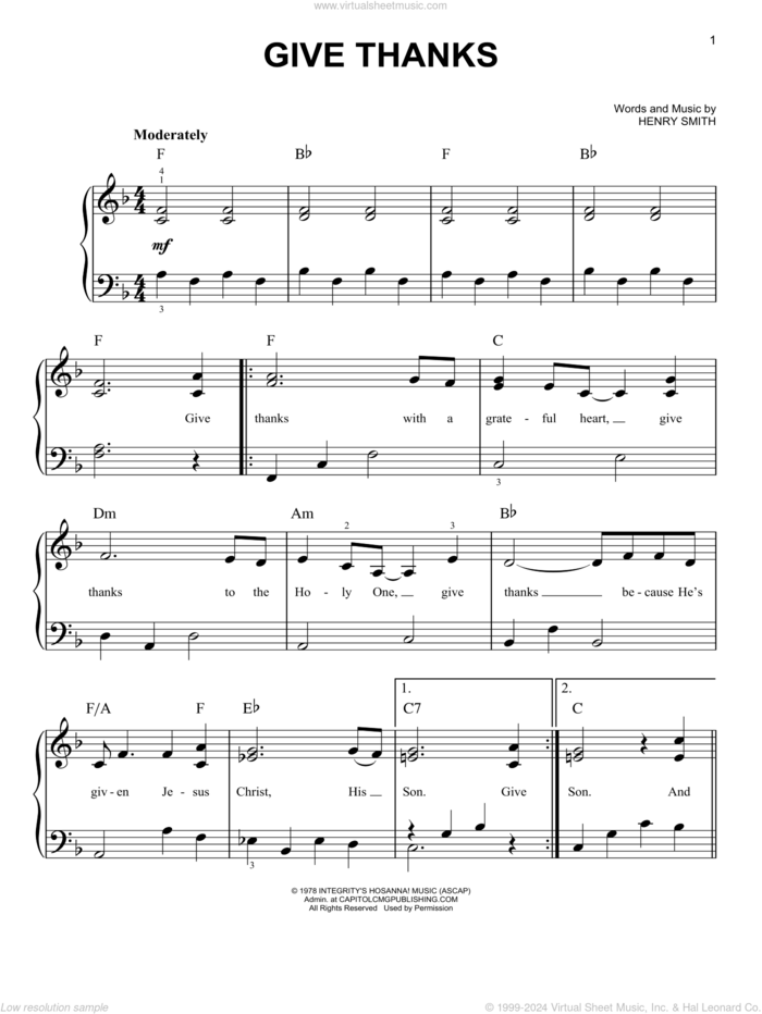 Give Thanks, (beginner) sheet music for piano solo by Henry Smith, beginner skill level