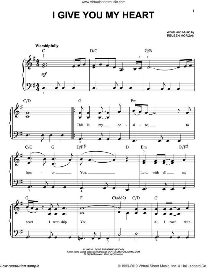 I Give You My Heart sheet music for piano solo by Jeff Deyo, Hillsong Worship and Reuben Morgan, beginner skill level