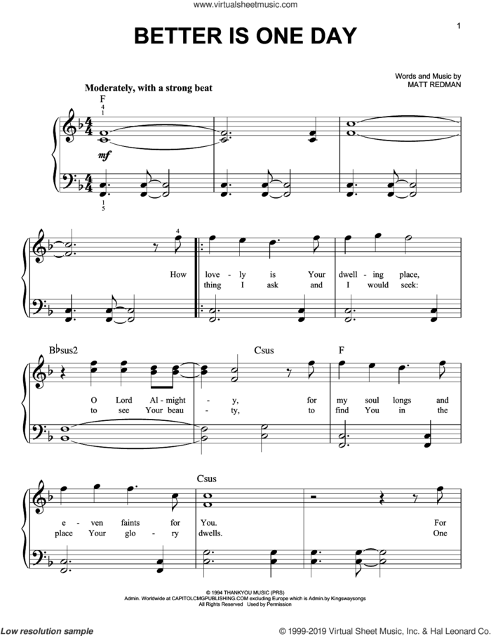 Better Is One Day, (beginner) sheet music for piano solo by Matt Redman and Passion, beginner skill level