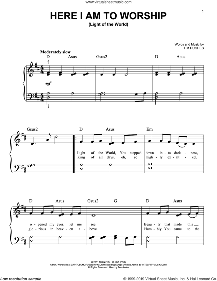 Here I Am To Worship (Light Of The World) sheet music for piano solo by Phillips, Craig & Dean and Tim Hughes, beginner skill level