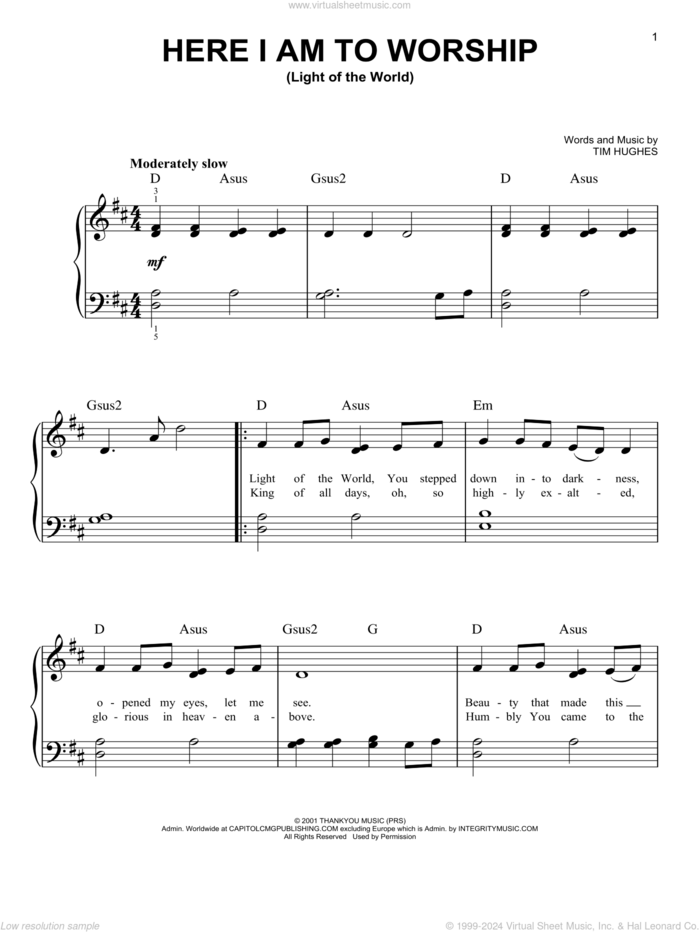 Here I Am To Worship (Light Of The World) sheet music for piano solo by Phillips, Craig & Dean and Tim Hughes, beginner skill level