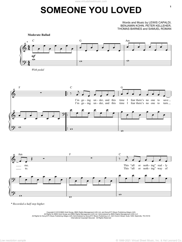 Someone You Loved sheet music for voice and piano by Lewis Capaldi, Benjamin Kohn, Peter Kelleher, Samuel Roman and Thomas Barnes, intermediate skill level