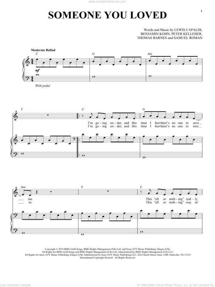Someone You Loved sheet music for voice and piano by Lewis Capaldi, Benjamin Kohn, Peter Kelleher, Samuel Roman and Thomas Barnes, intermediate skill level