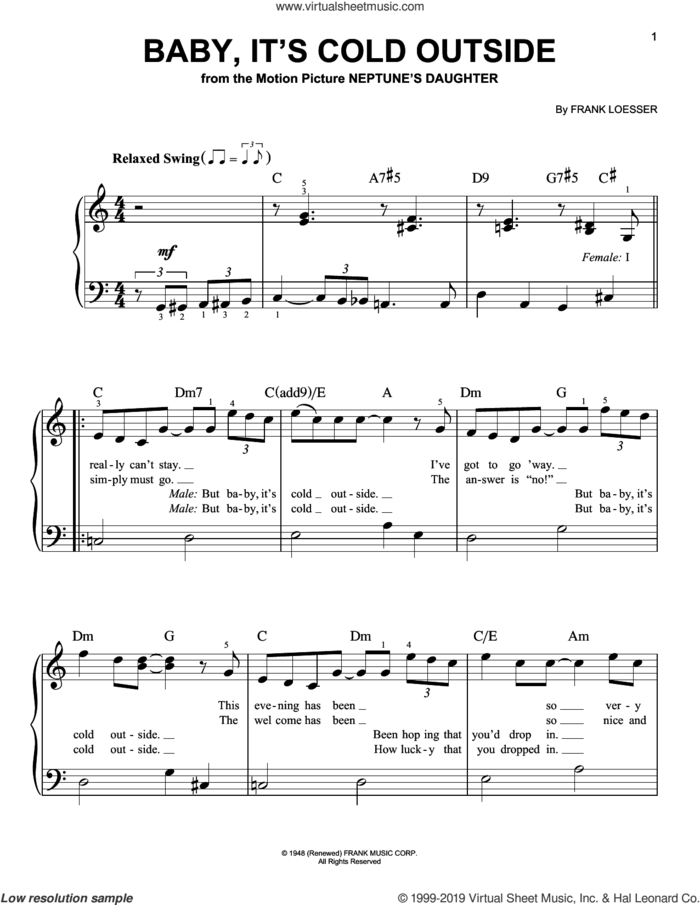 Baby, It's Cold Outside sheet music for piano solo by Frank Loesser, easy skill level