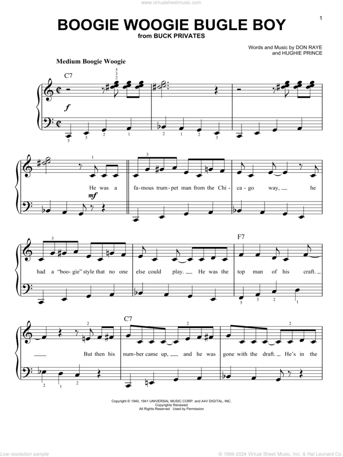 Boogie Woogie Bugle Boy sheet music for piano solo by Don Raye, Andrews Sisters and Hughie Prince, easy skill level