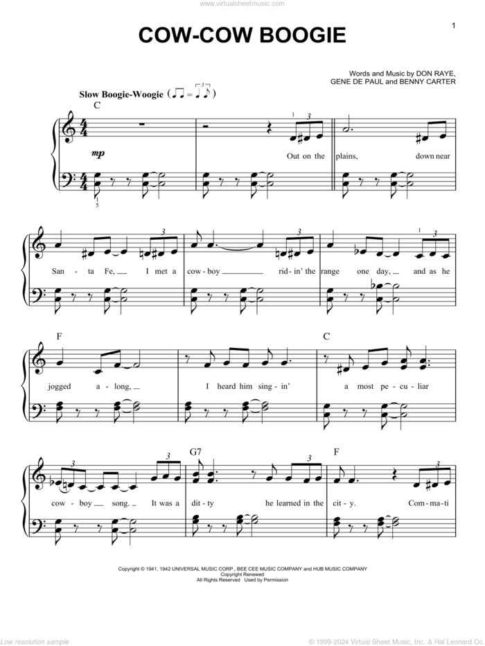 Cow-Cow Boogie sheet music for piano solo by Freddie Slack & His Orchestra, Benny Carter, Don Raye and Gene DePaul, easy skill level