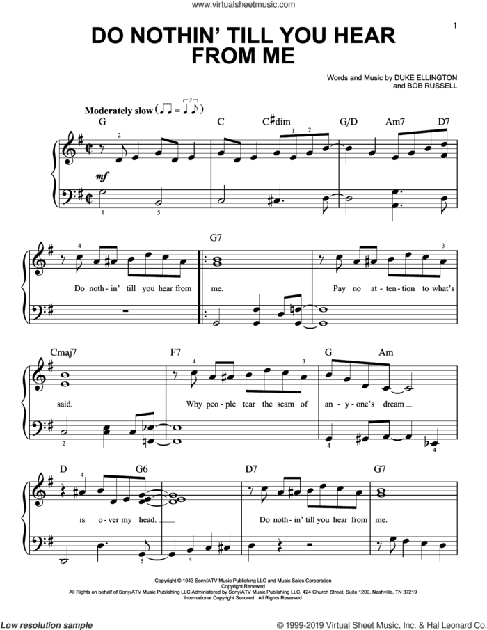 Do Nothin' Till You Hear From Me sheet music for piano solo by Duke Ellington and Bob Russell, easy skill level