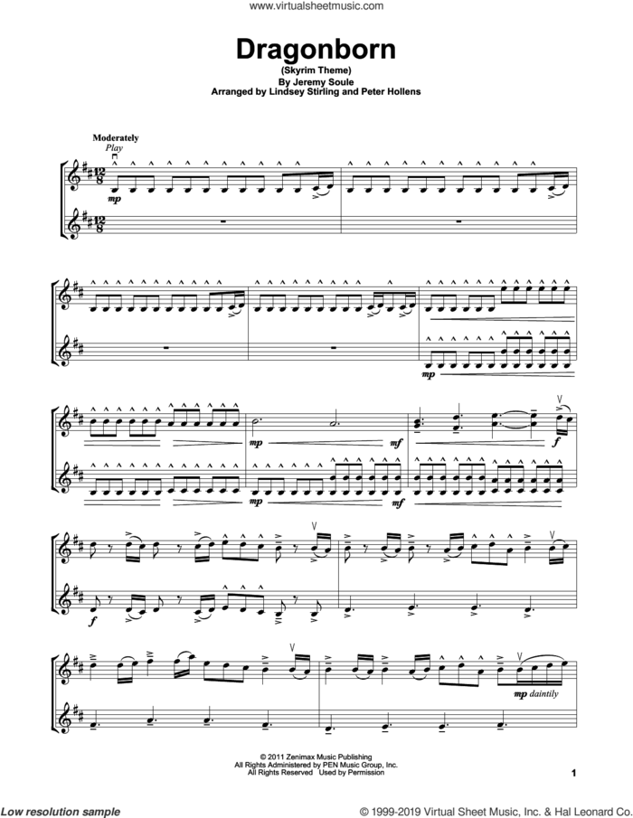 Dragonborn (Skyrim Theme) sheet music for violin solo by Lindsey Stirling and Jeremy Soule, intermediate skill level