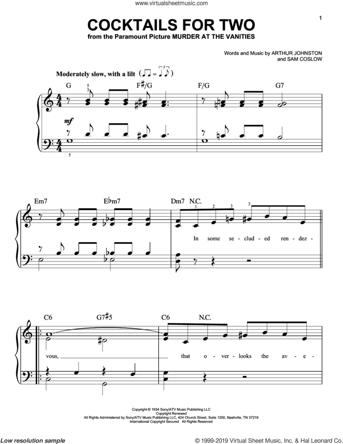 Cocktails For Two sheet music for piano solo by Arthur Johnston, Carl Brisson, Miriam Hopkins, Spike Jones & The City Slickers and Sam Coslow, easy skill level