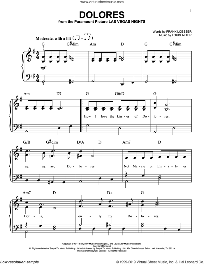 Dolores sheet music for piano solo by Frank Loesser and Louis Alter, easy skill level