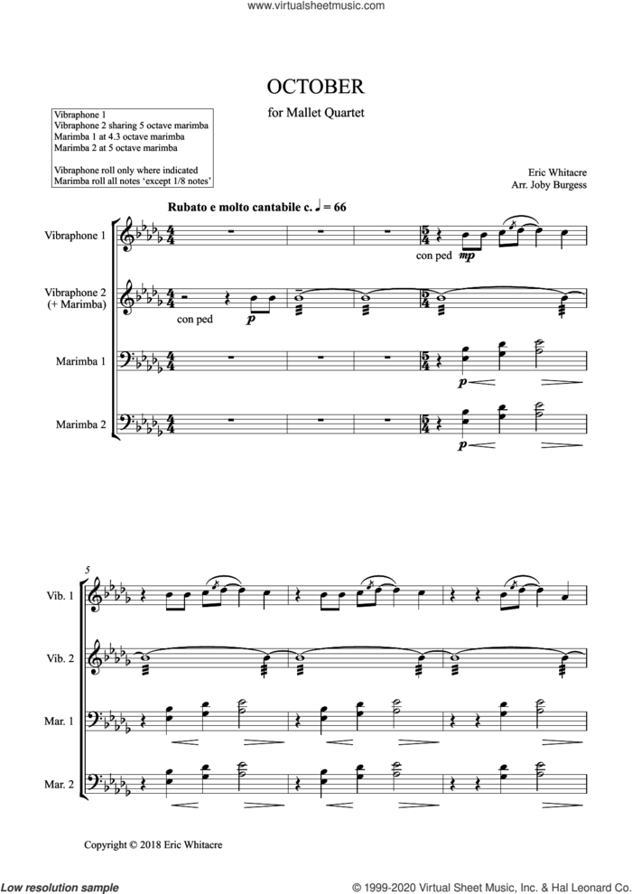 October (Alleluia) for Mallet Quartet (arr. Joby Burgess) (COMPLETE) sheet music for percussions by Eric Whitacre, intermediate skill level