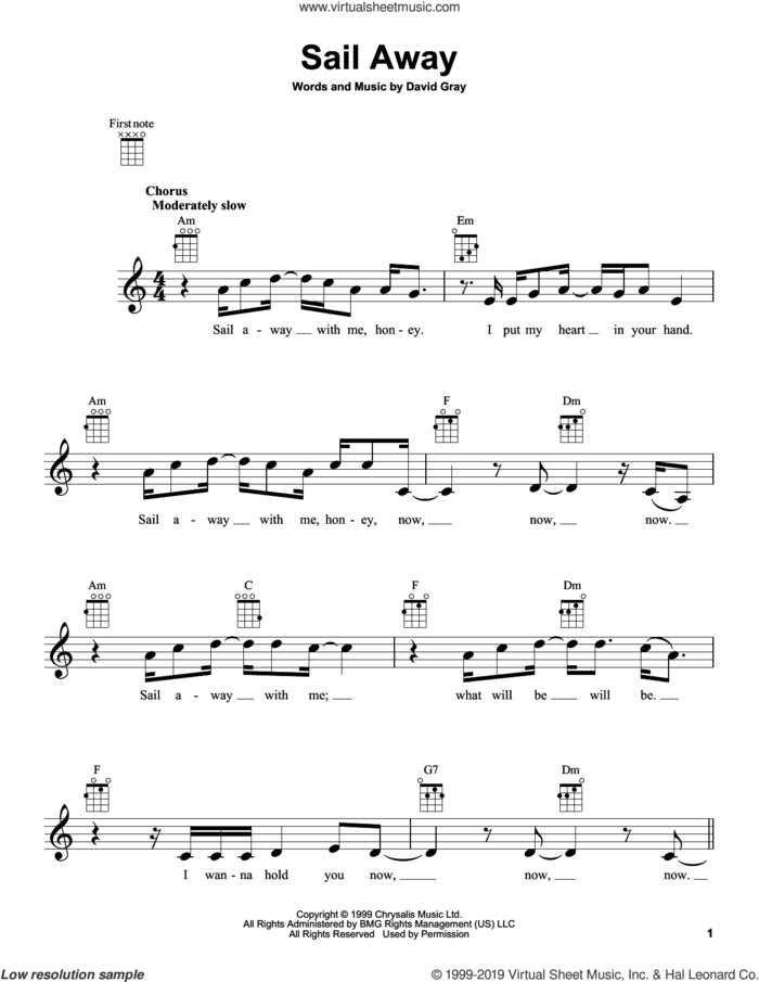 Sail Away sheet music for ukulele by David Gray, intermediate skill level