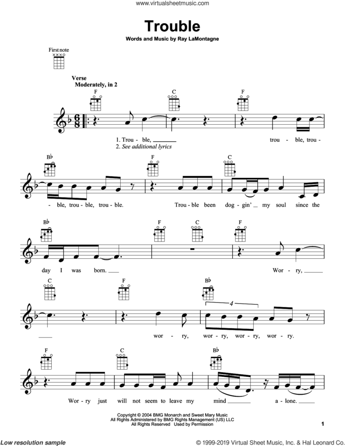 Trouble sheet music for ukulele by Ray LaMontagne, intermediate skill level