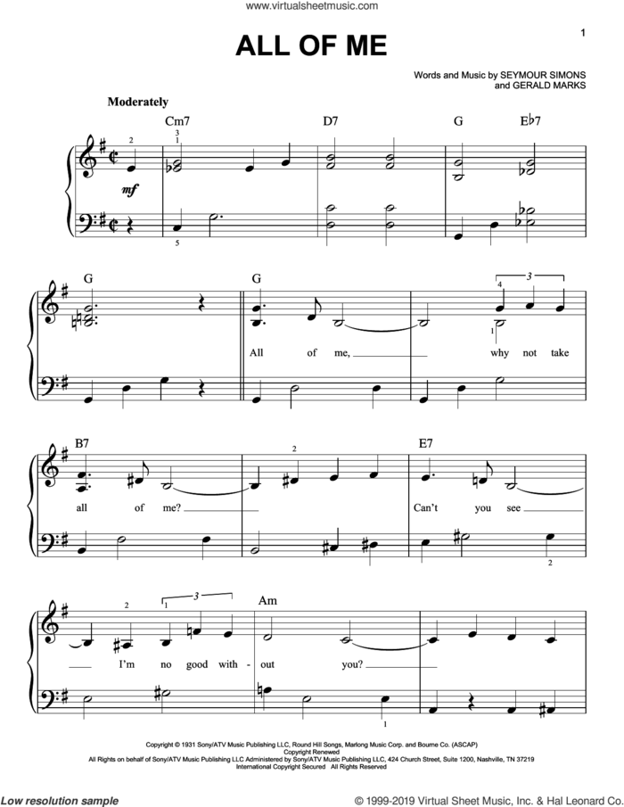 All Of Me sheet music for piano solo by Seymour Simons and Gerald Marks, easy skill level