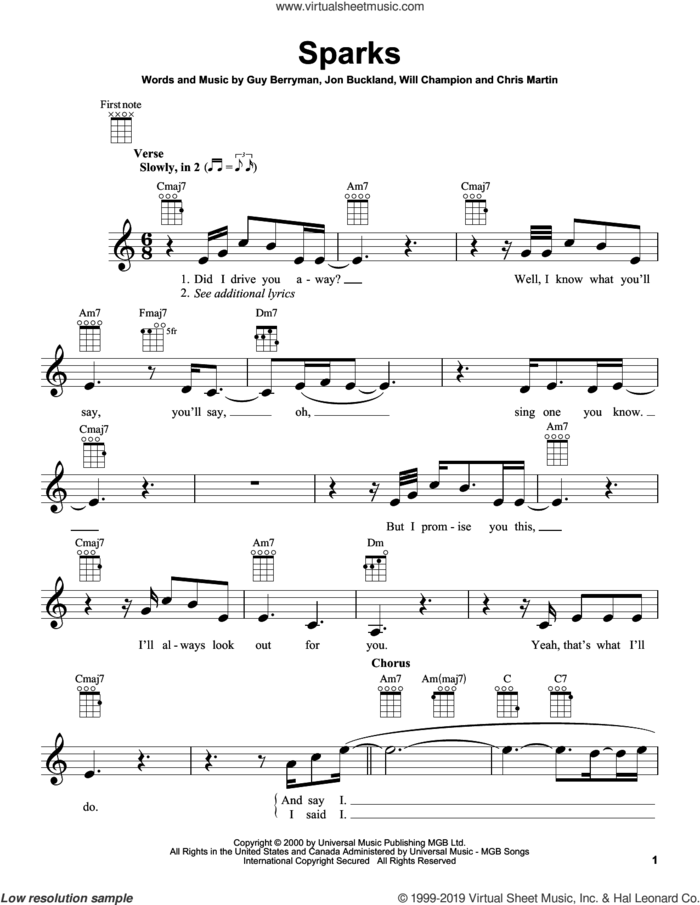 Sparks sheet music for ukulele by Guy Berryman, Coldplay, Chris Martin, Jon Buckland and Will Champion, intermediate skill level