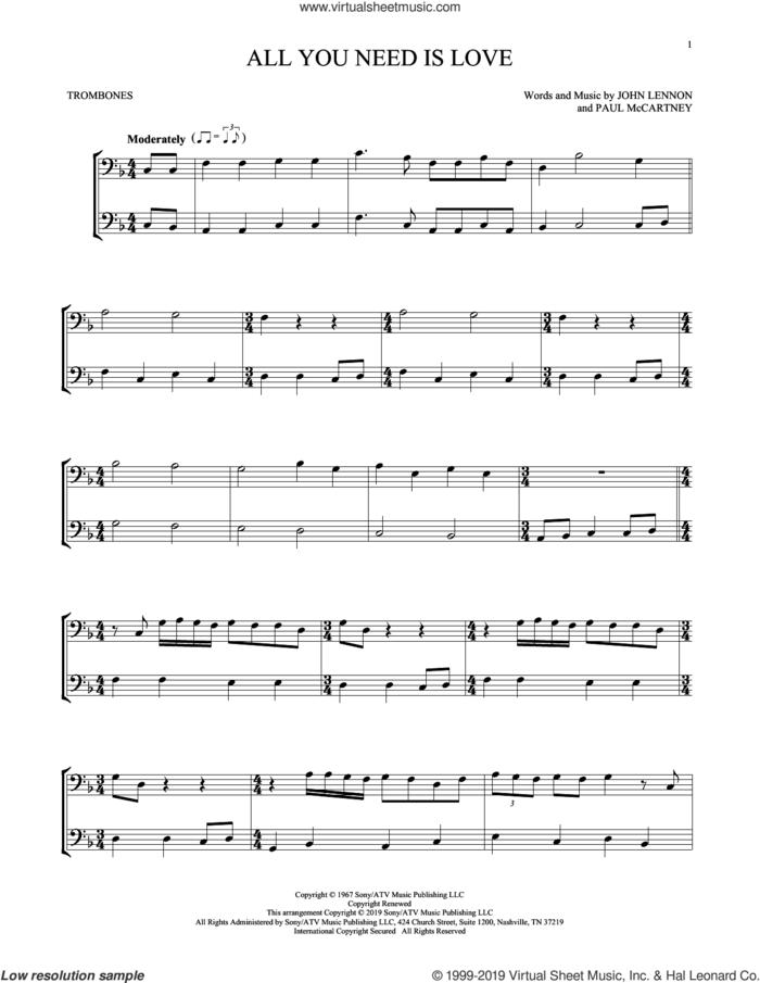 All You Need Is Love sheet music for two trombones (duet, duets) by The Beatles, John Lennon and Paul McCartney, wedding score, intermediate skill level