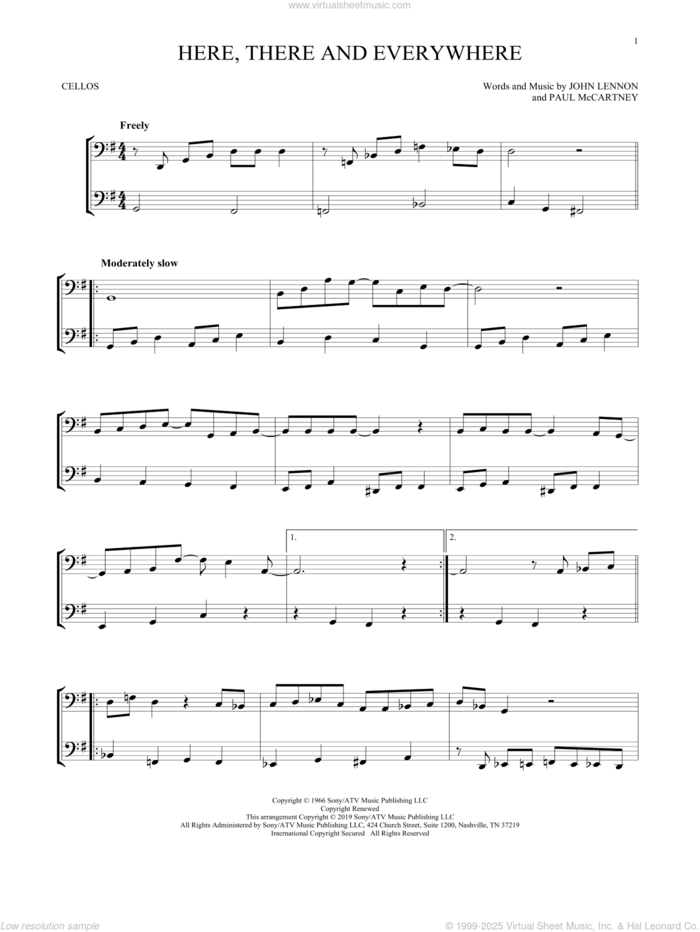 Here, There And Everywhere sheet music for two cellos (duet, duets) by The Beatles, John Lennon and Paul McCartney, wedding score, intermediate skill level