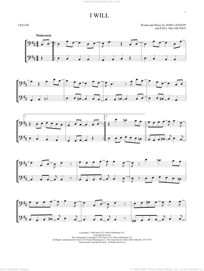 I Will sheet music for two cellos (duet, duets) by The Beatles, John Lennon and Paul McCartney, wedding score, intermediate skill level